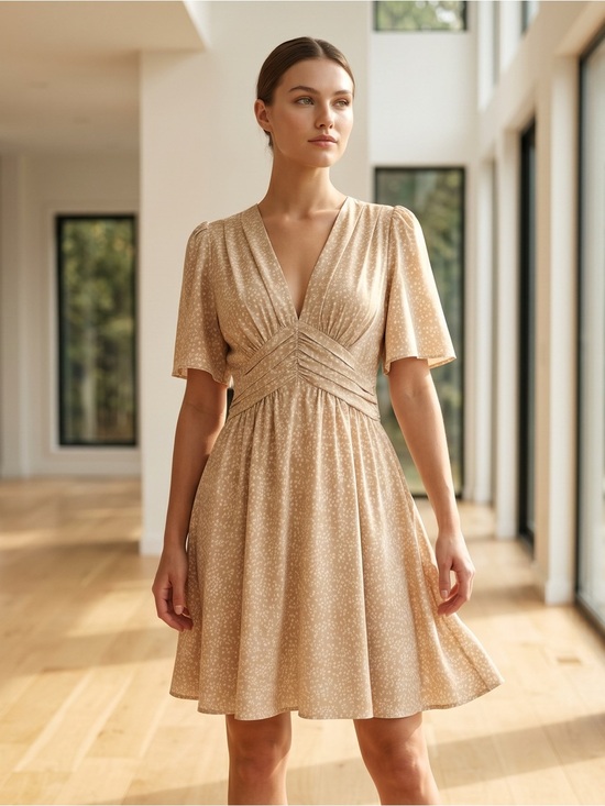 SHEIN Dresses & Skirts - SHEIN Elegant Beige V-Neck Mini Dress w/ Flutter Sleeves Beautiful Empire Waist